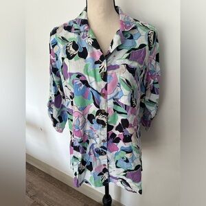 Northern Reflections Multi colour floral linen top collar button front SZ M